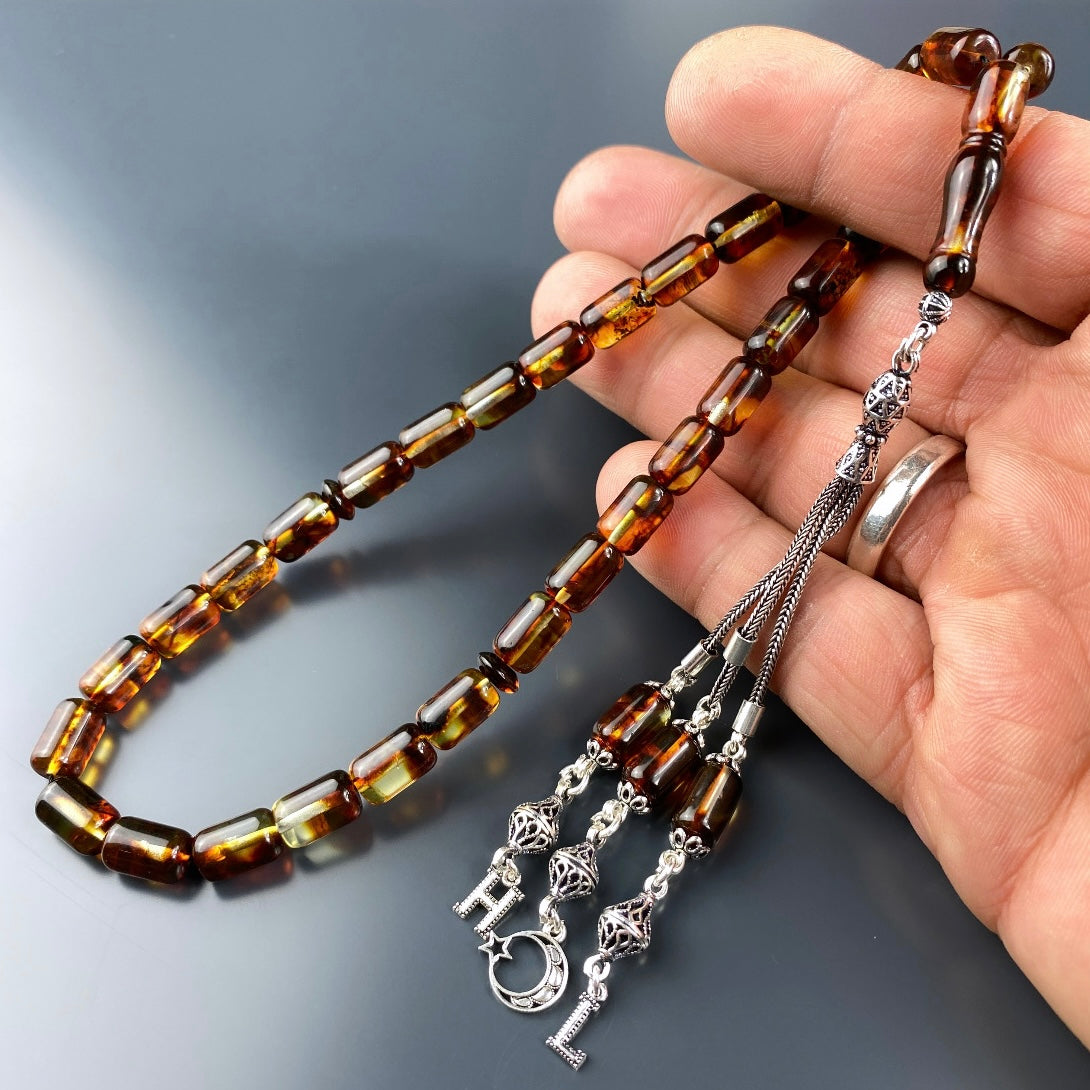 Kehribar / Bernstein Tesbih 2 Buchstaben & Ay Yildiz Logo – Braun, 925 Silber