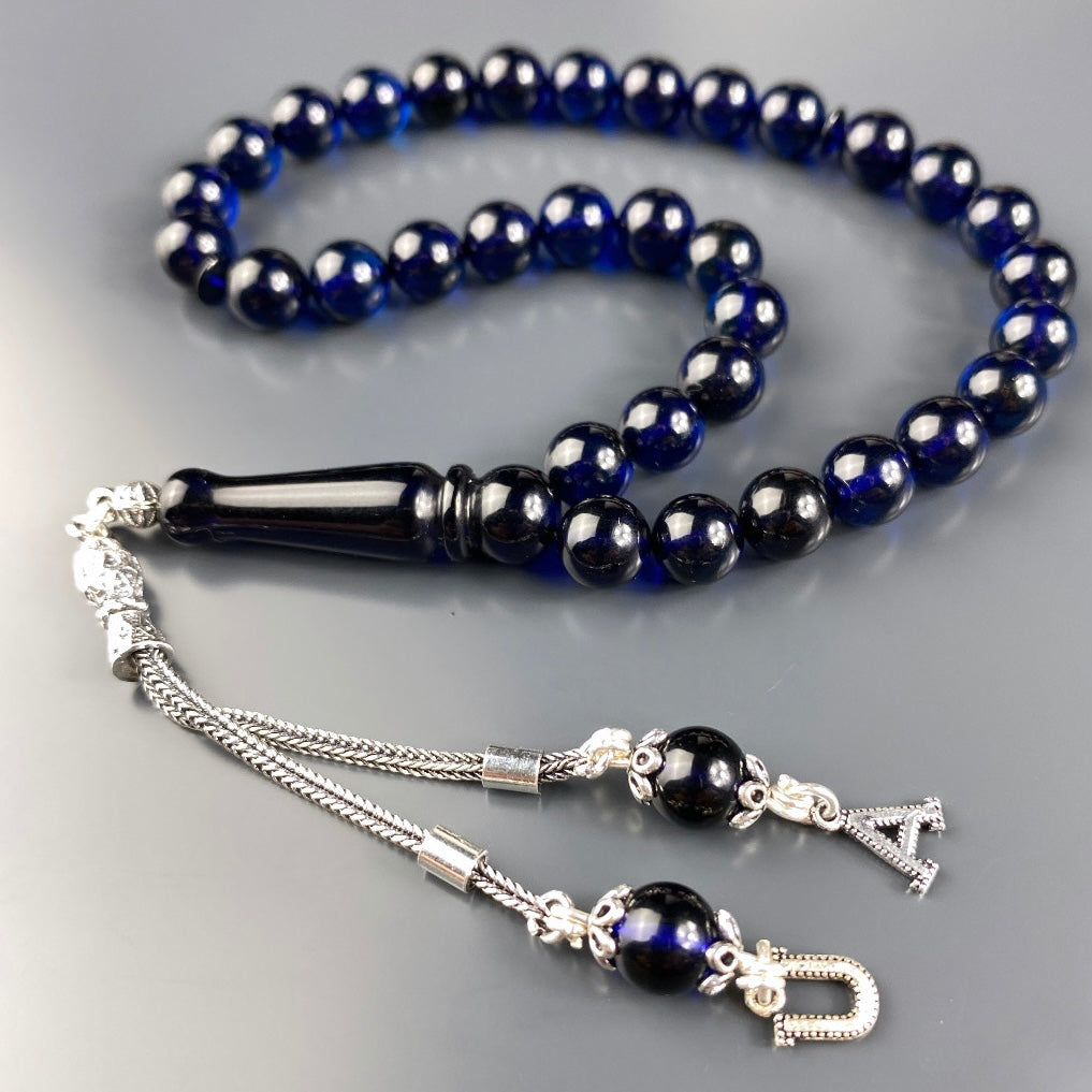 Kehribar / Bernstein Tesbih 2 Buchstaben – Blau, 925 Silber
