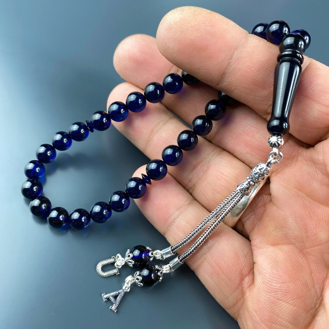 Kehribar / Bernstein Tesbih 2 Buchstaben – Blau, 925 Silber
