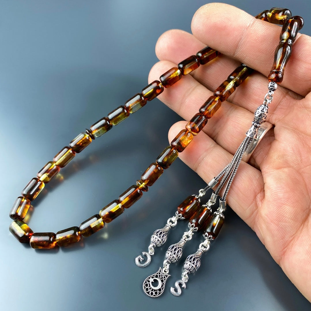 Kehribar / Bernstein Tesbih 2 Buchstaben & Türkei Logo – Braun, 925 Silber