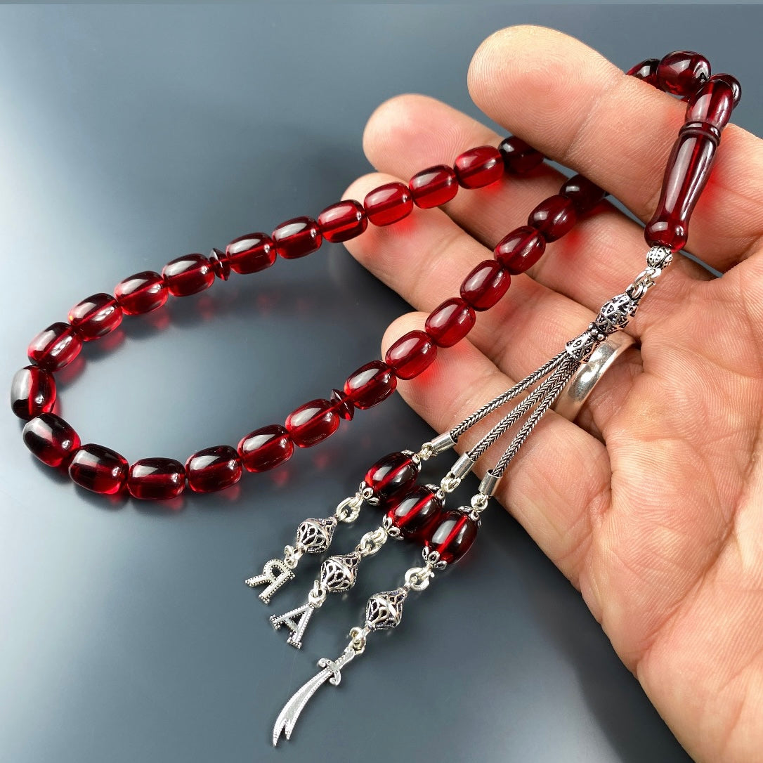 Kehribar / Bernstein Tesbih 2 Buchstaben & Zülfikar Logo – Rot, 925 Silber