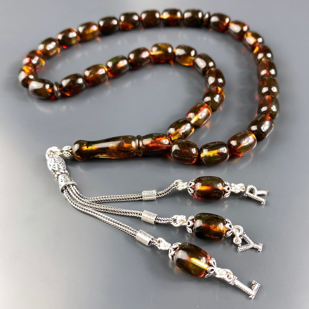 Kehribar / Bernstein Tesbih 3 Buchstaben – Braun, 925 Silber