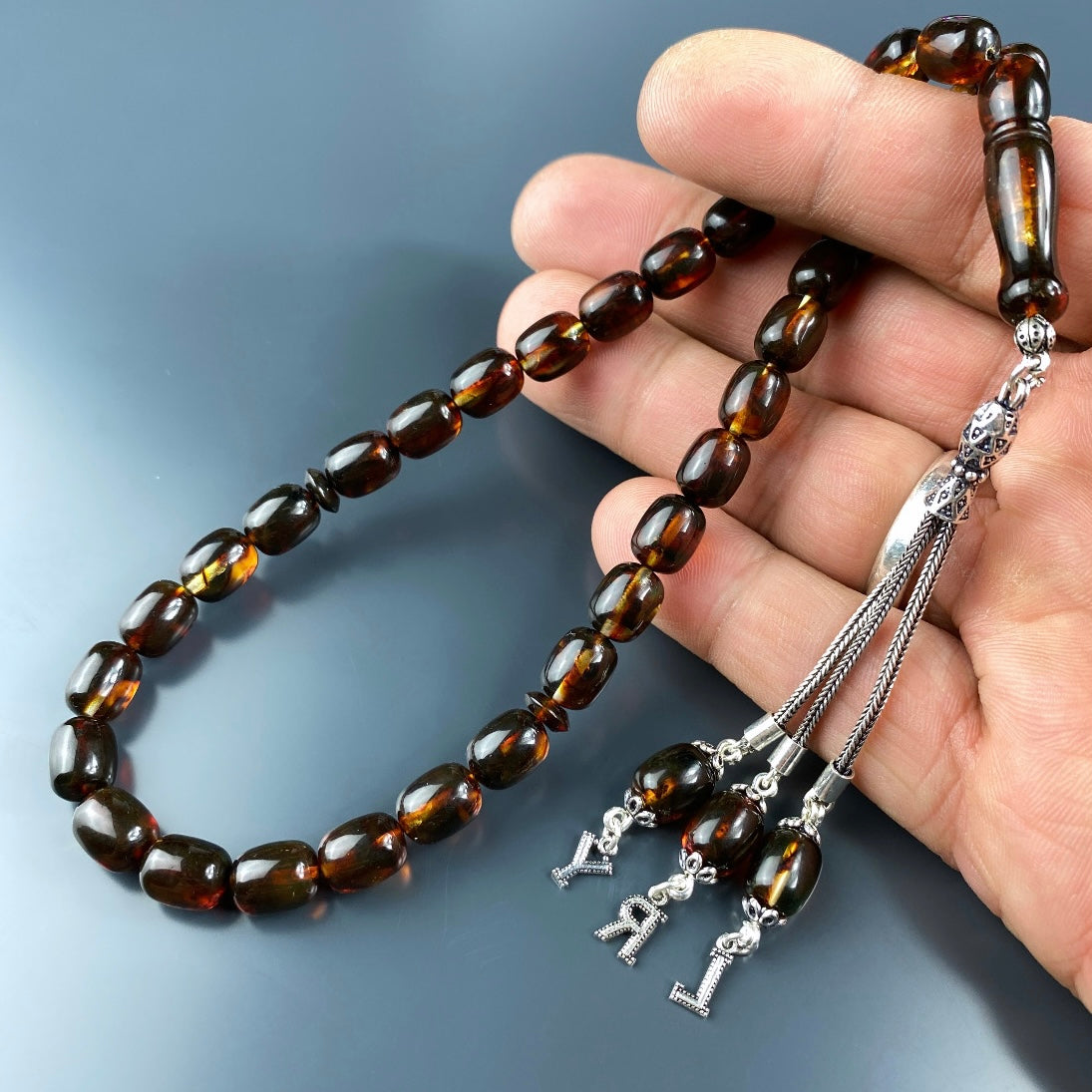 Kehribar / Bernstein Tesbih 3 Buchstaben – Braun, 925 Silber