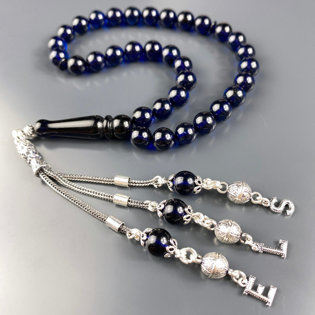 Kehribar / Bernstein Tesbih 3 Buchstaben – Blau, 925 Silber