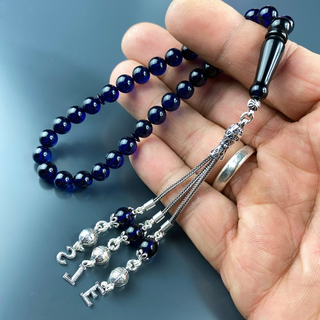 Kehribar / Bernstein Tesbih 3 Buchstaben – Blau, 925 Silber