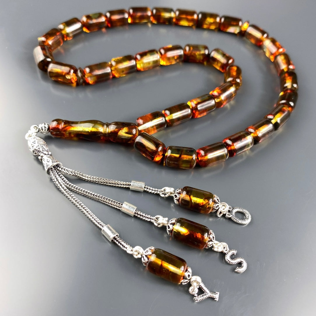 Kehribar / Bernstein Tesbih 3 Buchstaben – Braun, 925 Silber