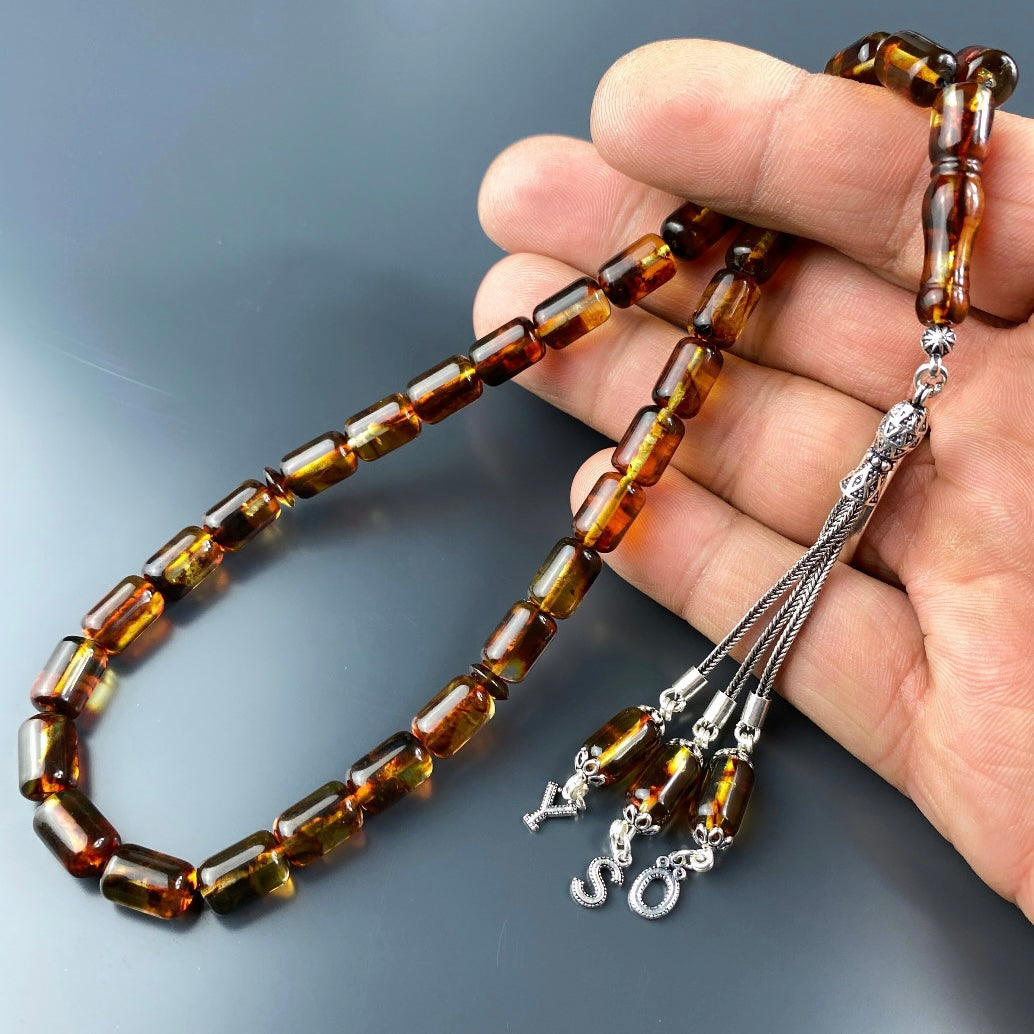 Kehribar / Bernstein Tesbih 3 Buchstaben – Braun, 925 Silber