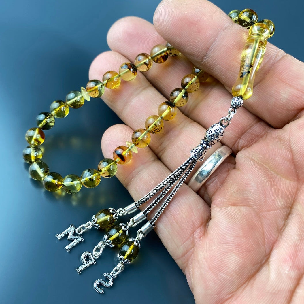 Kehribar / Bernstein Tesbih 3 Buchstaben – Gelb, 925 Silber