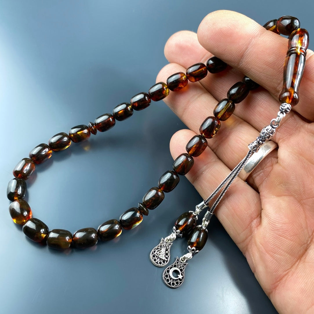 Kehribar / Bernstein Tesbih Tugra & Türkei Logo – Braun, 925 Silber