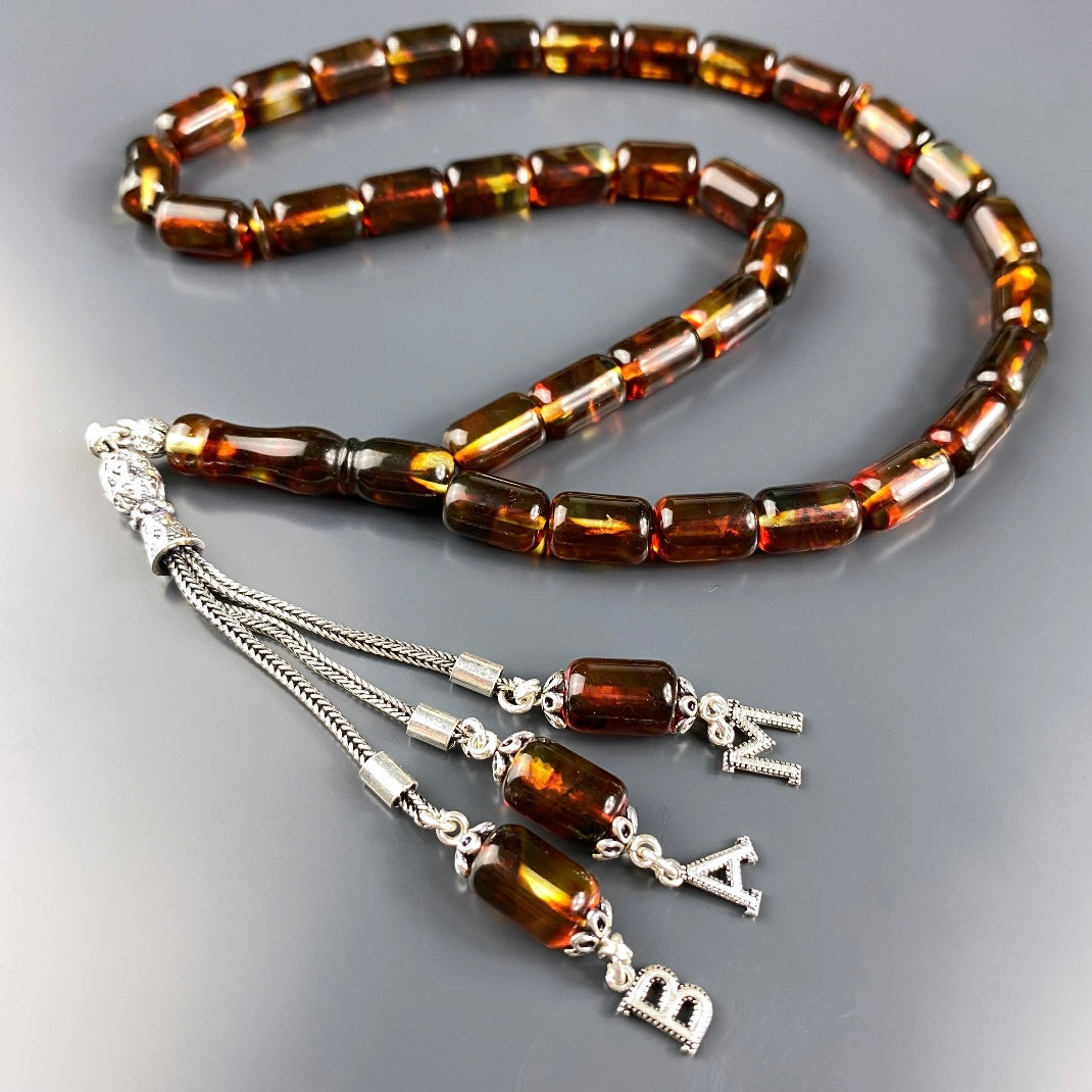 Kehribar / Bernstein Tesbih 3 Buchstaben – Braun, 925 Silber