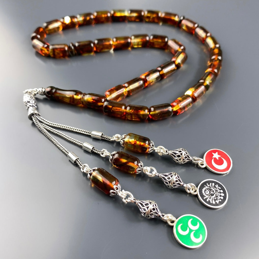 Kehribar / Bernstein Tesbih VATAN Logolar – Braun, 925 Silber