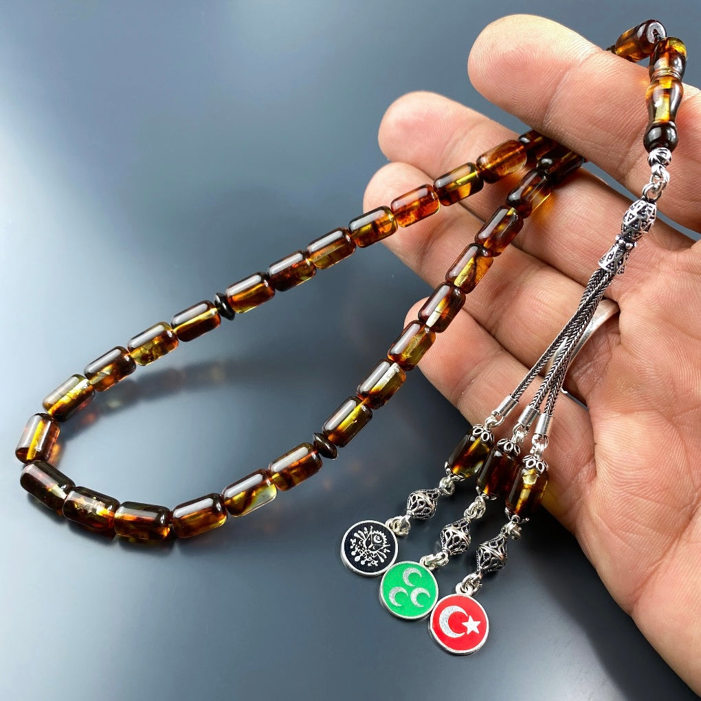 Kehribar / Bernstein Tesbih VATAN Logolar – Braun, 925 Silber