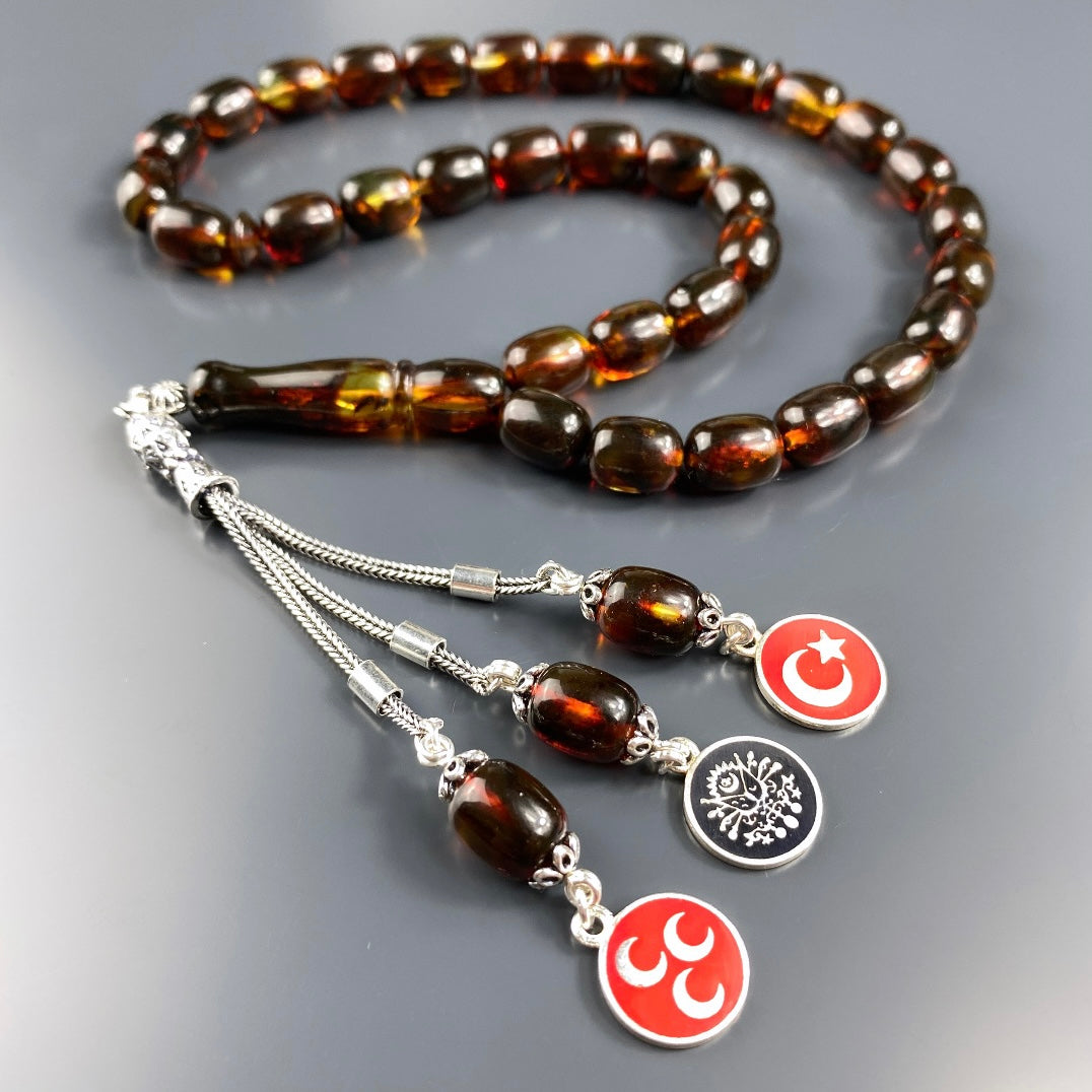 Kehribar / Bernstein Tesbih VATAN Logolar – Braun, 925 Silber