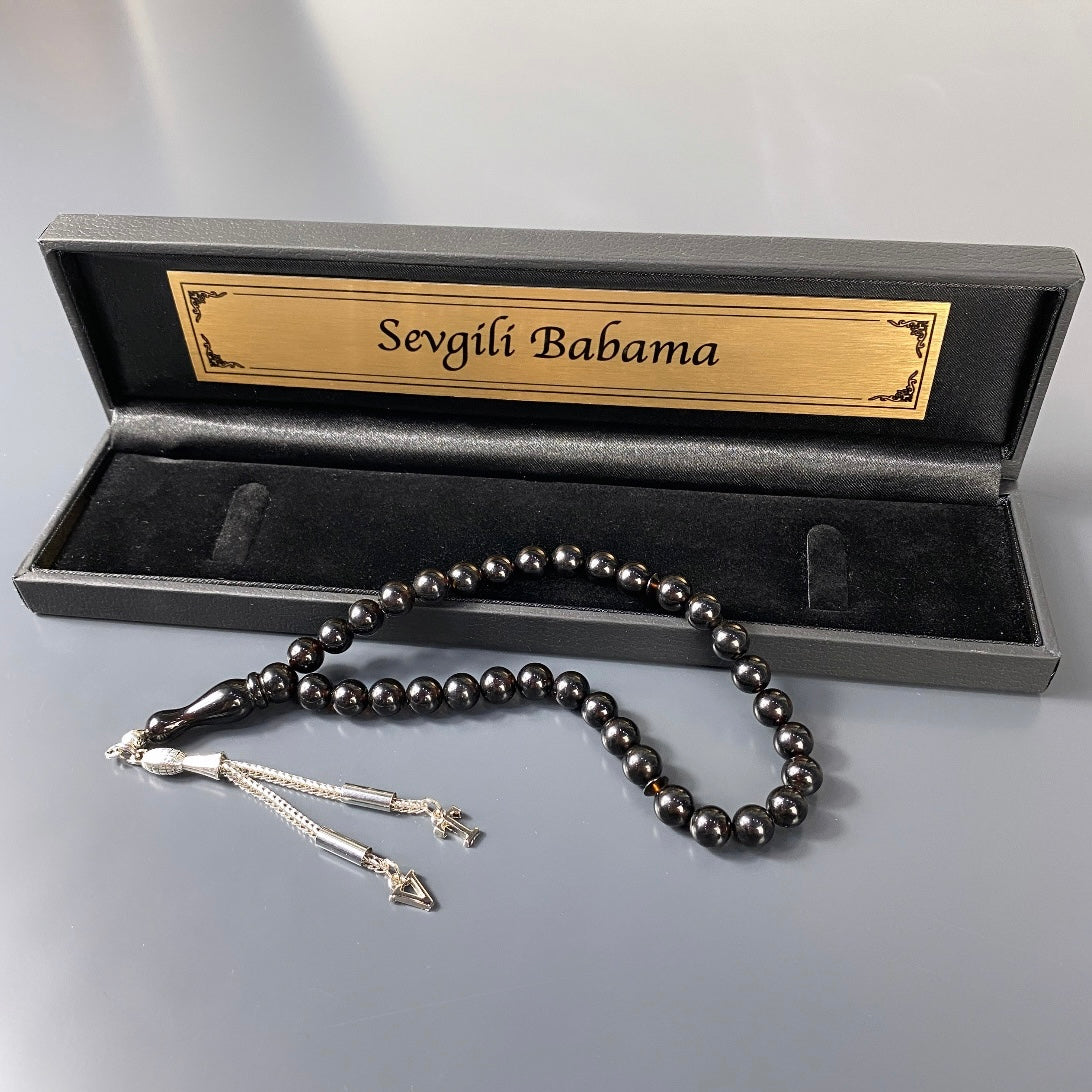 Tesbih Sıkma Kehribar mit Buchstaben mit Wunchtext Black Box