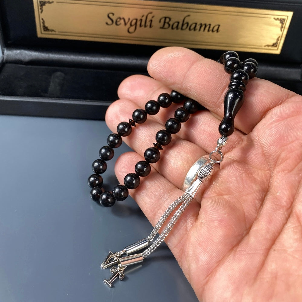 Tesbih Sıkma Kehribar mit Buchstaben mit Wunchtext Black Box