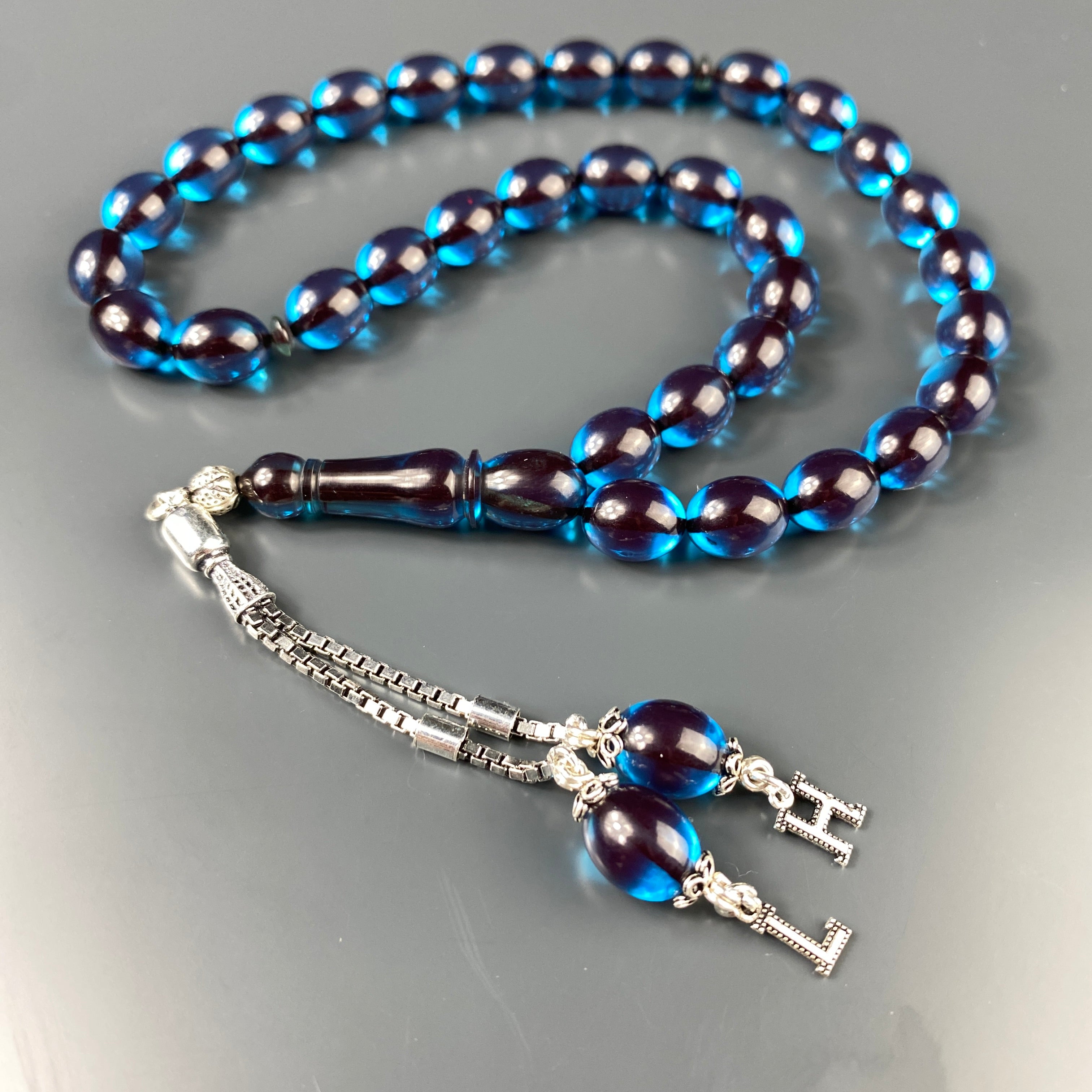 Tesbih Kehribar SIKMA Sky Blau - 2 Buchstaben 925 Silber