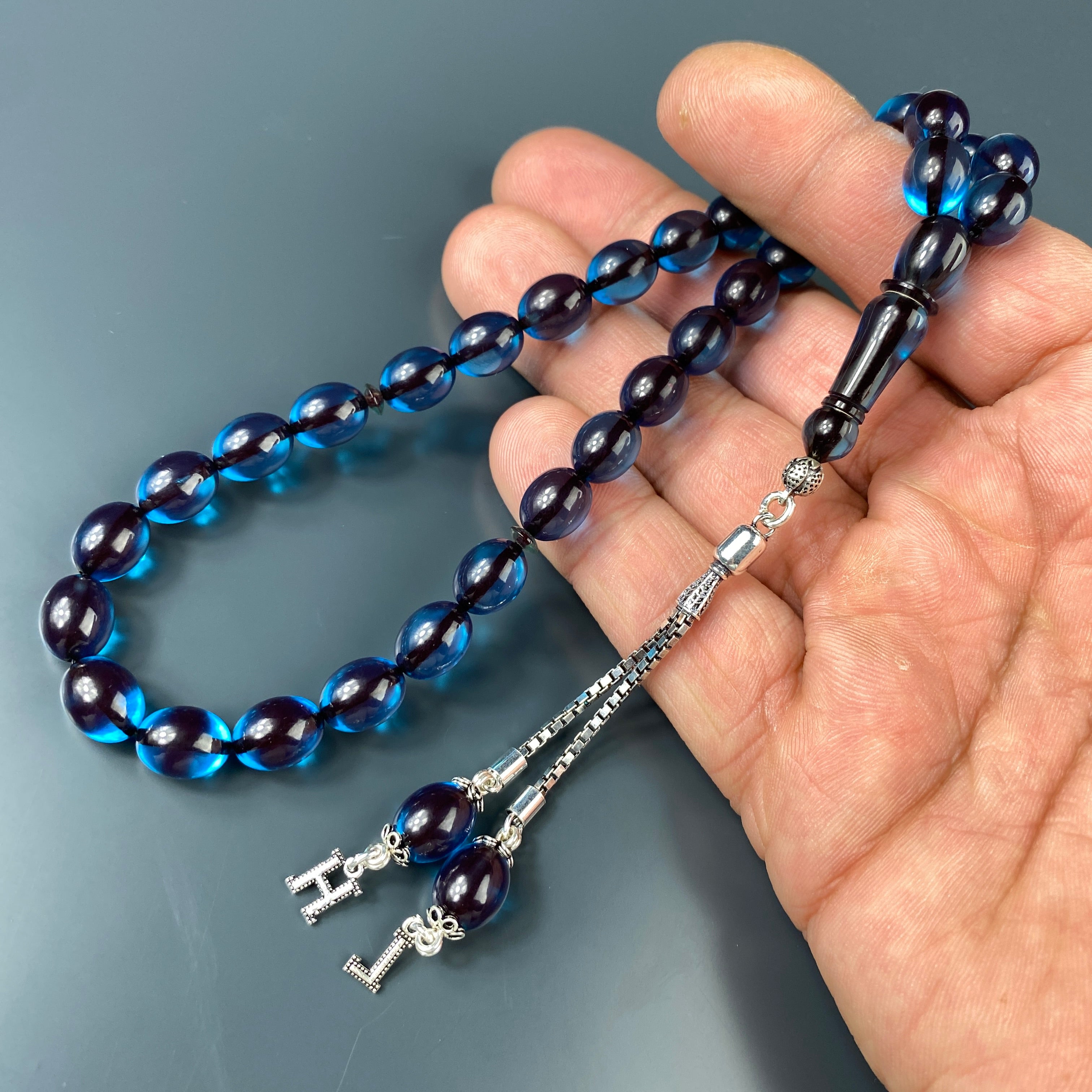 Tesbih Kehribar SIKMA Sky Blau - 2 Buchstaben 925 Silber