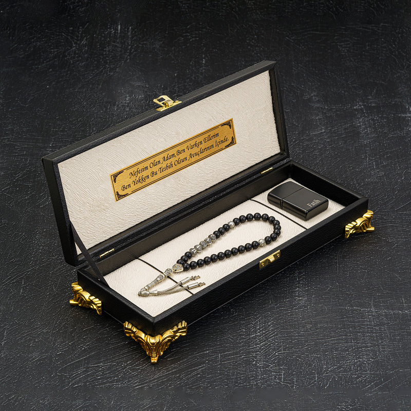 Tesbih Set BLACK-CREME Box Luxus mit Rahmen und Feuerzeug Geschenkset