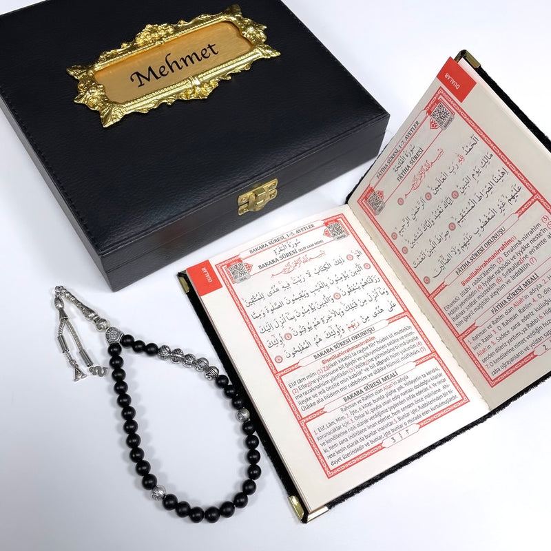 Tesbih Set Black Box Osmanli Logo mit Yasin - Serif allah ayetil kürsi ayet hadis mekke kabe beytullah akik ay yildiz geschenkset geschenkbox islam