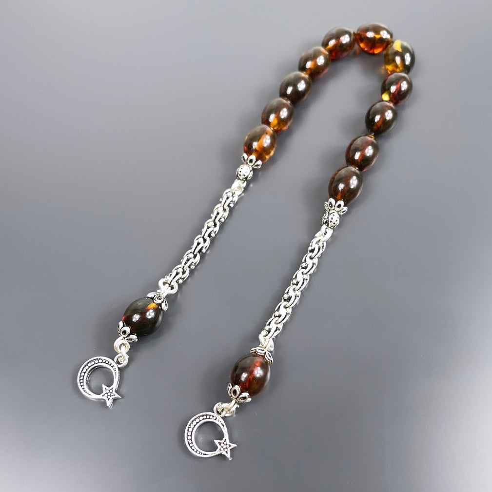 Hakiki Kehribar Zaza Ay Yildiz Tesbih 925 Silver