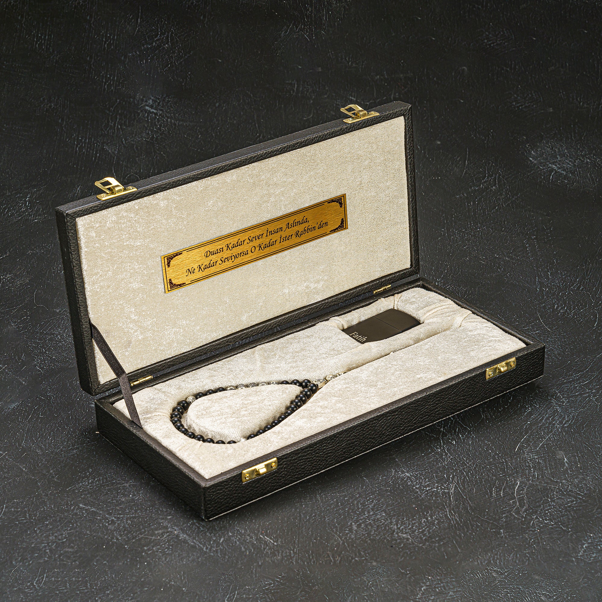 NEW Tesbih / Feuerzeug 2er Set  Schwarz - Creme Box Special geschenkset akik kehribar oltu dua ayet zikir 