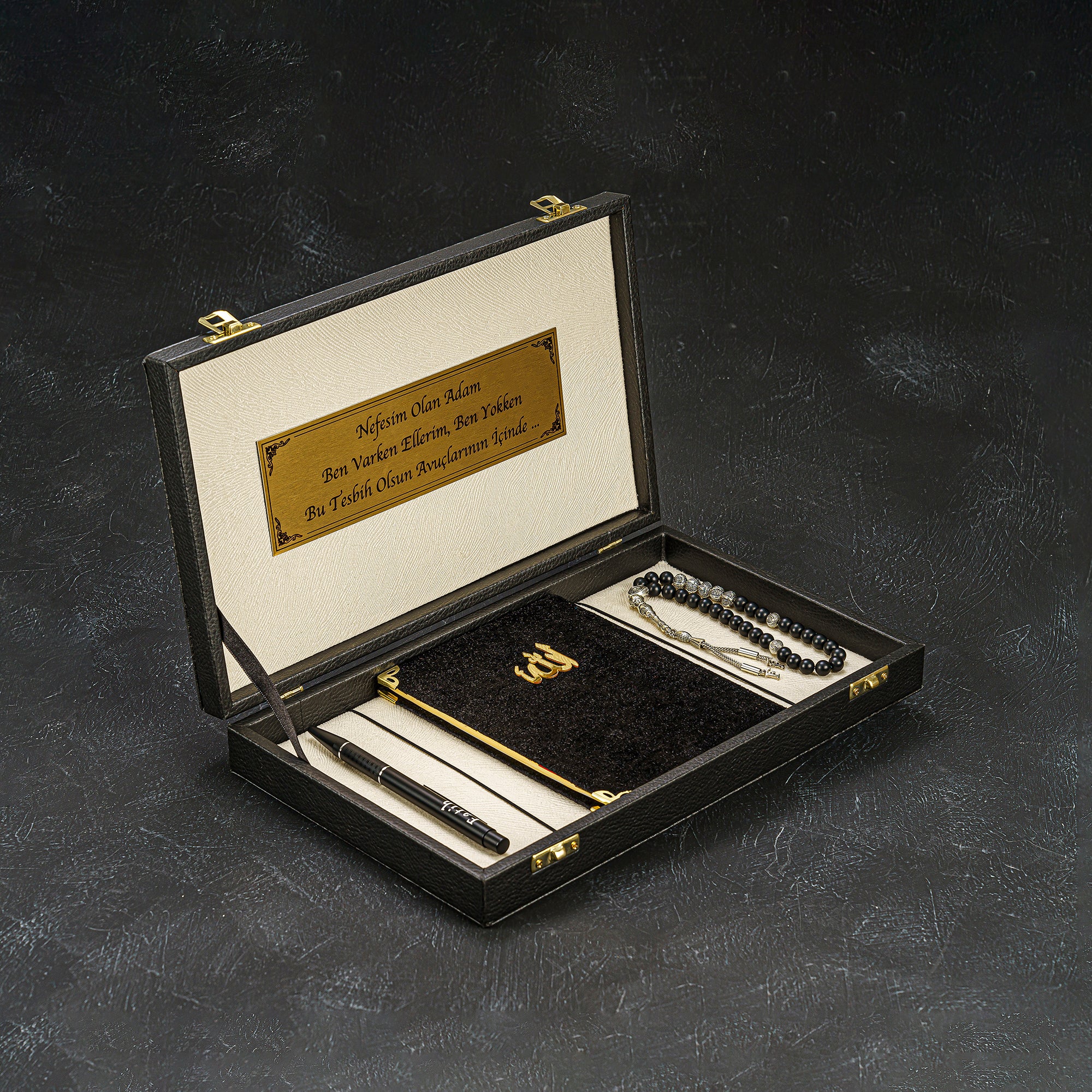 Tesbih Set Black / Creme Box- Yasin - Serif & Stift geschenkset gebetskette kuran ayet allah kehribar oltu tespih