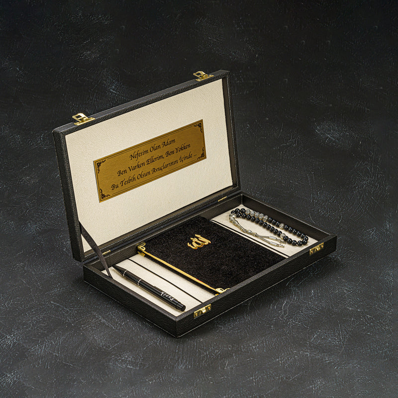 Tesbih Set Black / Creme Box- Yasin - Serif & Stift geschenkset gebetskette kuran ayet allah kehribar oltu tespih