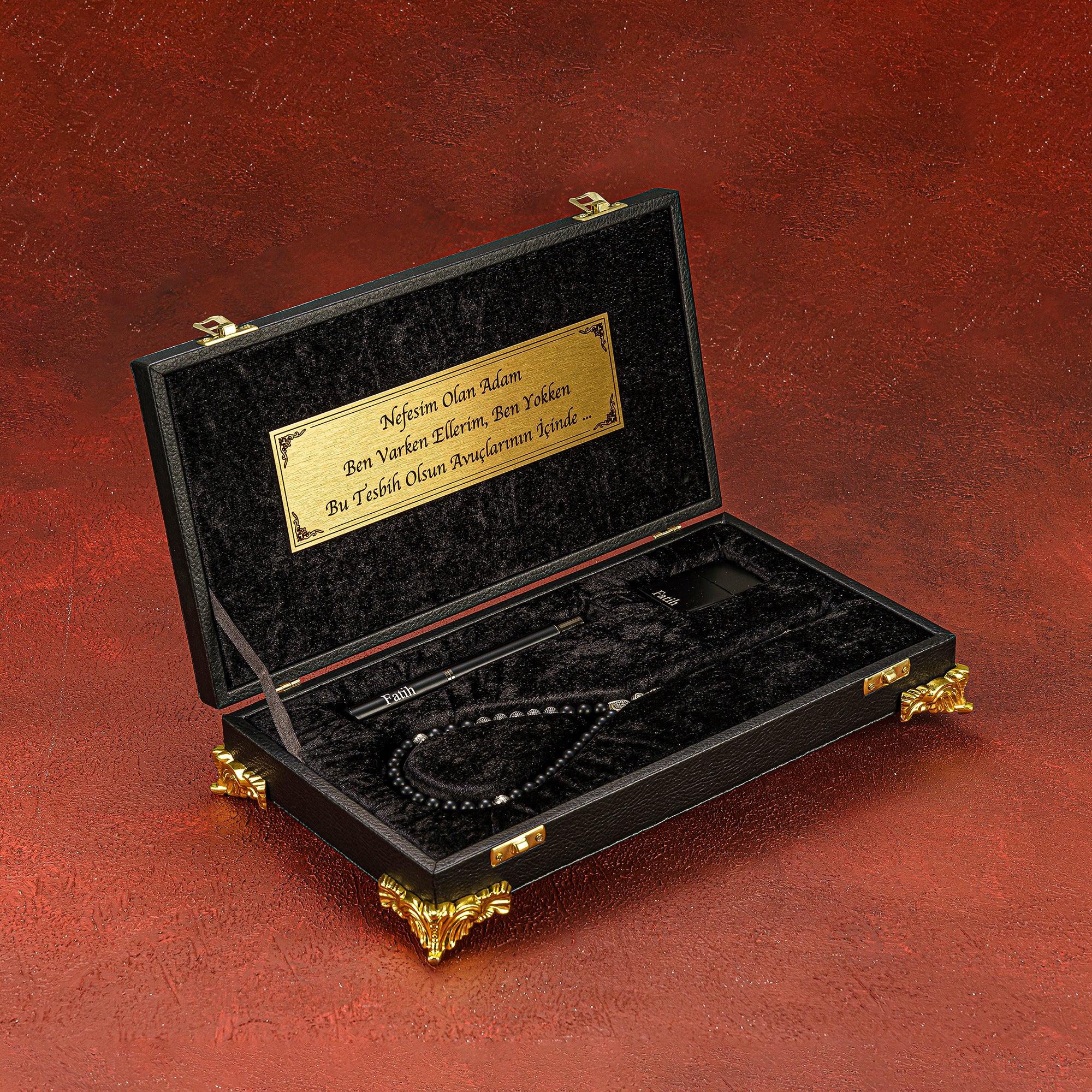 Tesbih Set Özel Kutu Tasarimi Black  Cerceveli – Special Box gebetskette stift feuerzeug akik allah dua zikir dogaltas geschenkset 