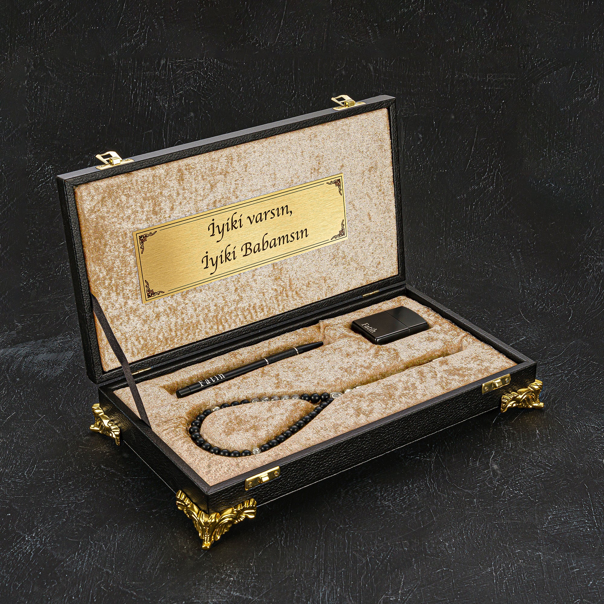 Tesbih Set Özel Kutu Tasarimi Cerceveli – Special Box Black Beige gebetskette geschenkset misbah
