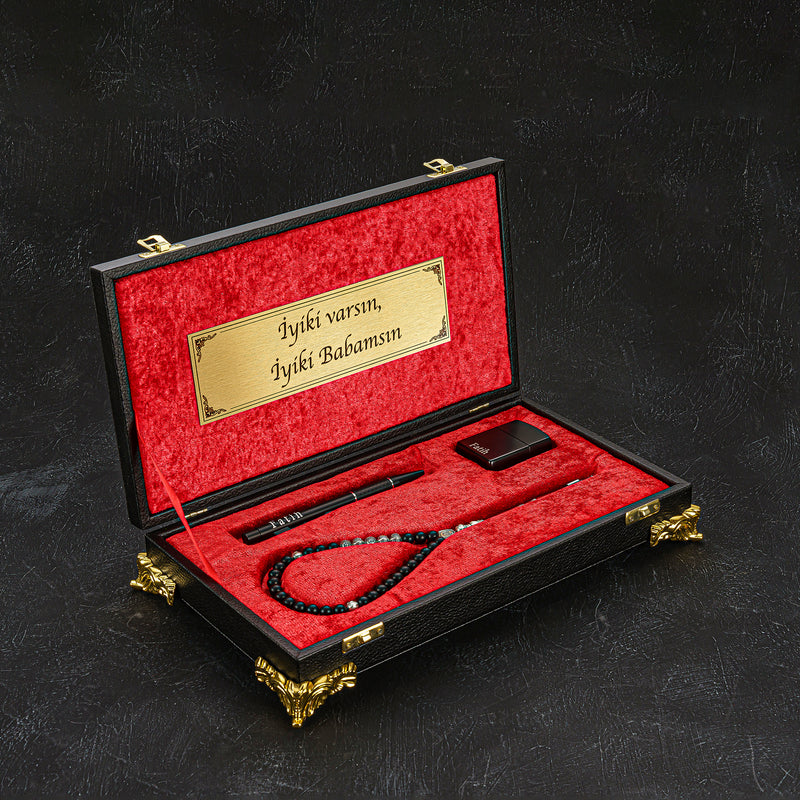 Tesbih Set Özel Kutu Tasarimi Cerceveli – Special Box Black RED gebetskette geschenkset ayetil kürsi misbah kehribar oltu akik amatist burc dogaltas
