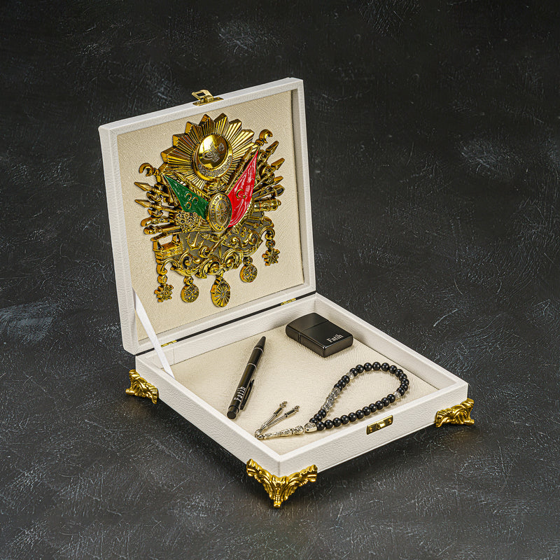 Tesbih Özel Tasarim Kutu XXL Osmanli Logo Weiß / Creme Box gebetskette geschenkset akik kehribar oltu tespih