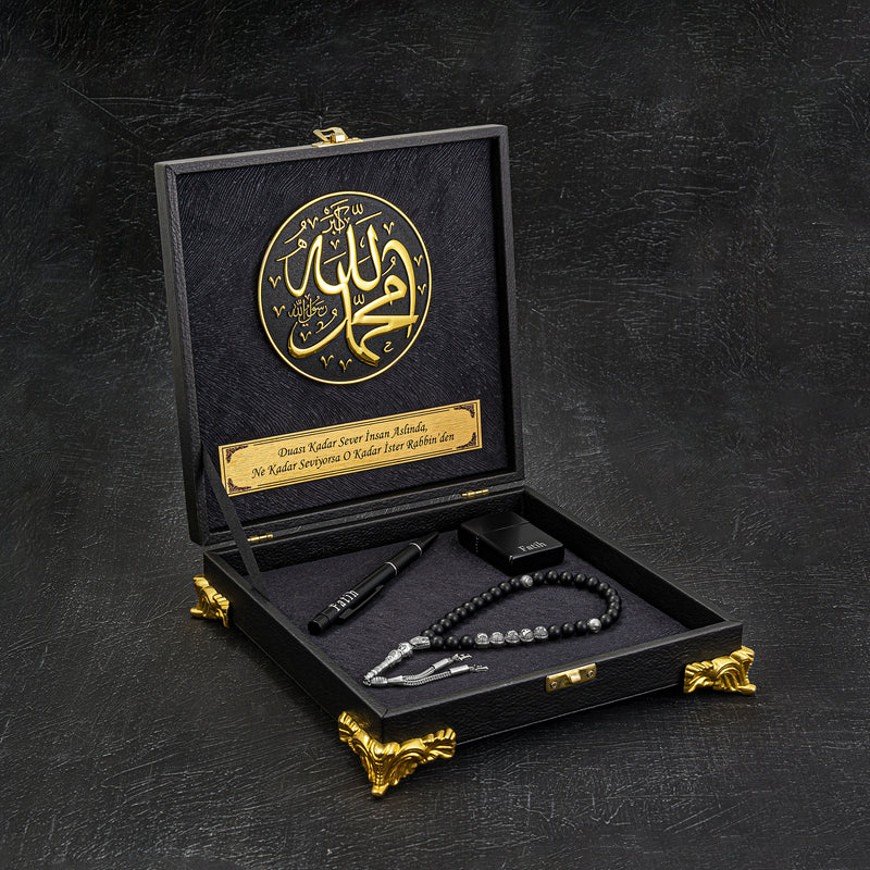 Tesbih / Gebetskette Geschenkset BLACK Allah cc & Muhammed sav. Logo