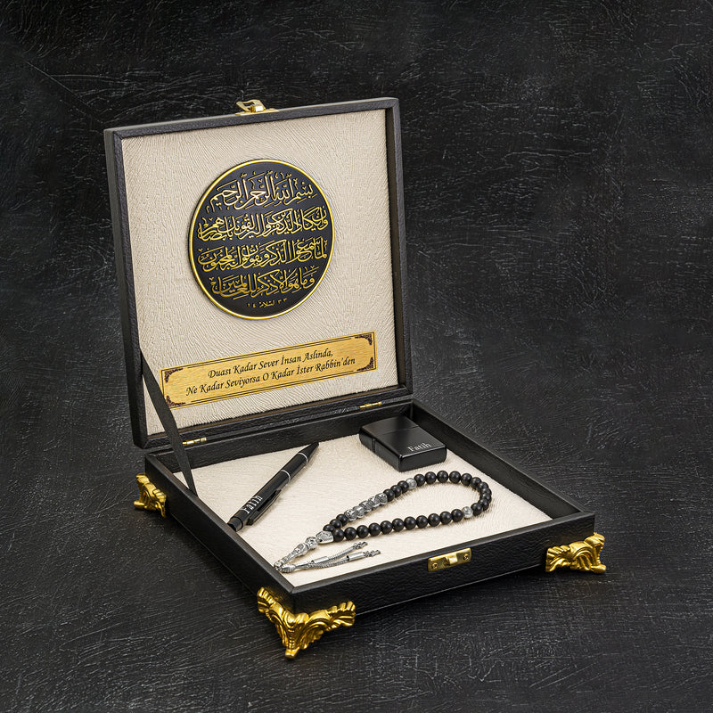 Tesbih / Gebetskette Geschenkset BLACK-CREME Nazar Ayeti Logo klein