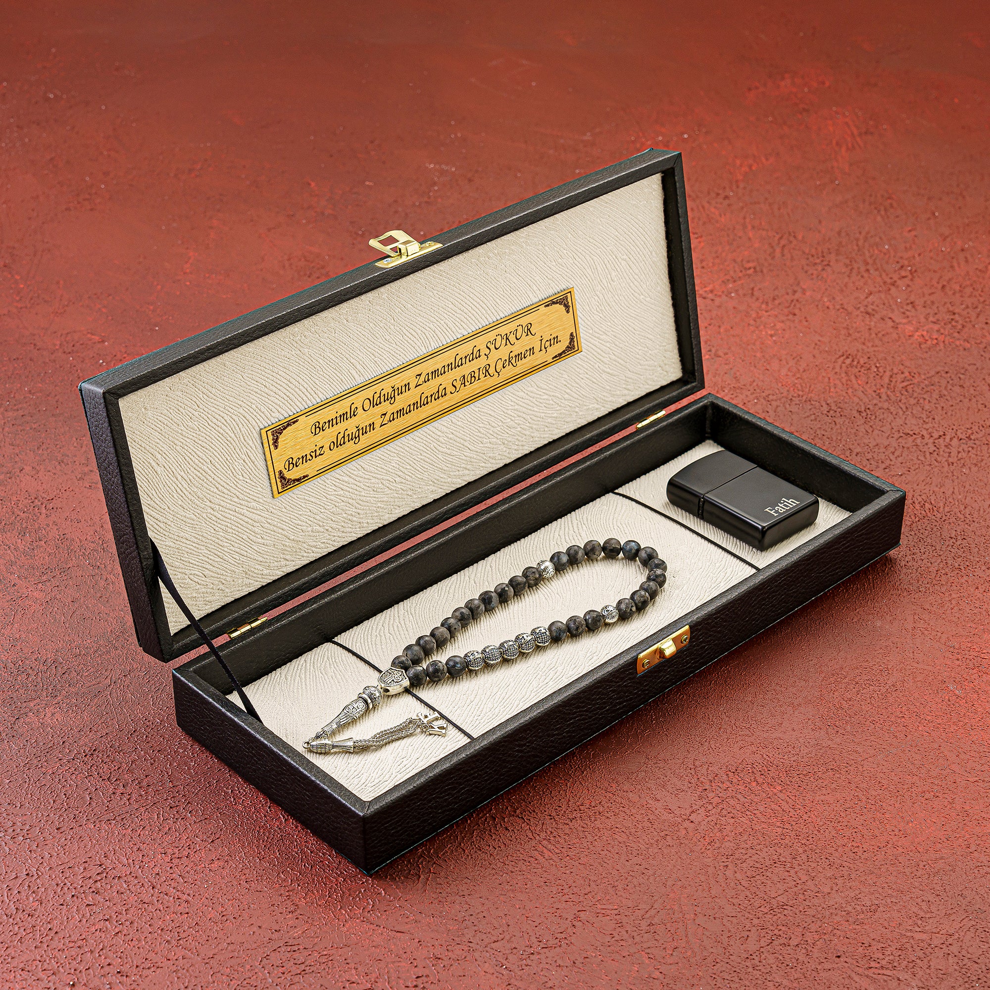 Tesbih / Feuerzeug mit Osmanli Logo Kunstleder Black box / Creme Wunschtext geschenkset akik kehribar oltu 