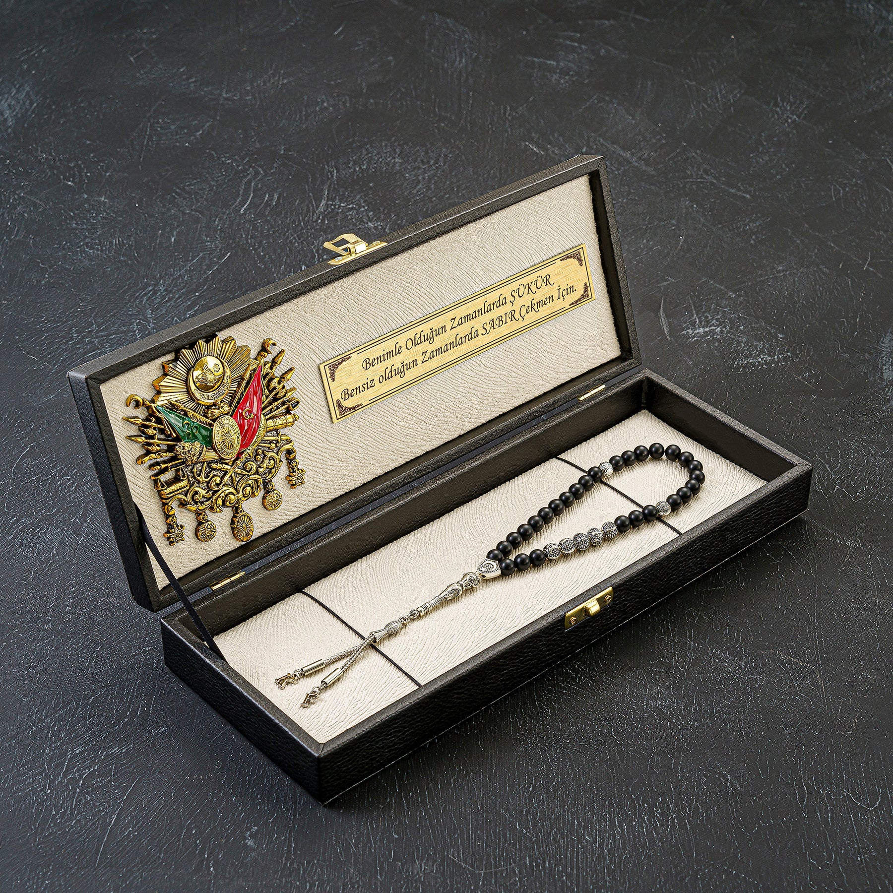 Tesbih Box Black / Creme Osmanli Logo gebetskette geschenkset allah zikir dua tespih akik kehribar oltu mit namen