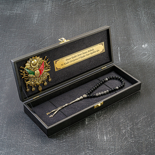 Tesbih Box Black Osmanli Logo gebetskette allah zikir dua akik geschenkset mit namen ay yildiz tugra