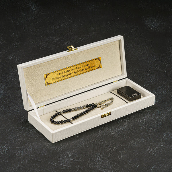 Tesbih Box Weiss Osmanli Logo – Wunschtext und Rahmen gebetskette geschenkset onyx akik kehribar oltu tespih mit namen