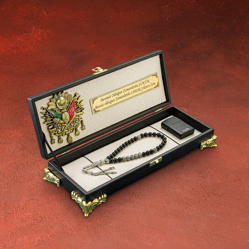 Tesbih Luxus Box Black / Creme Kunstleder – Wunschtext und Rahmen gebetskette geschenkset akik kehribar oltu tesbih mit namen