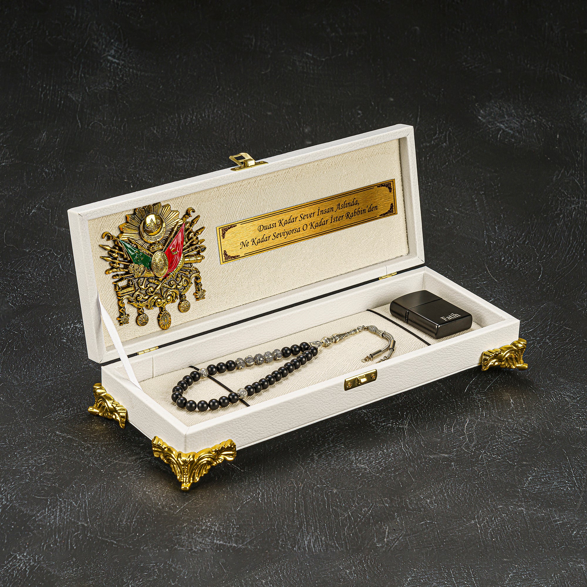 Tesbih Luxus Box Weiß / Creme Osmanli – Wunschtext und Rahmen gebetskette geschenkset allah zikir dua akik kehribar oltu tespih