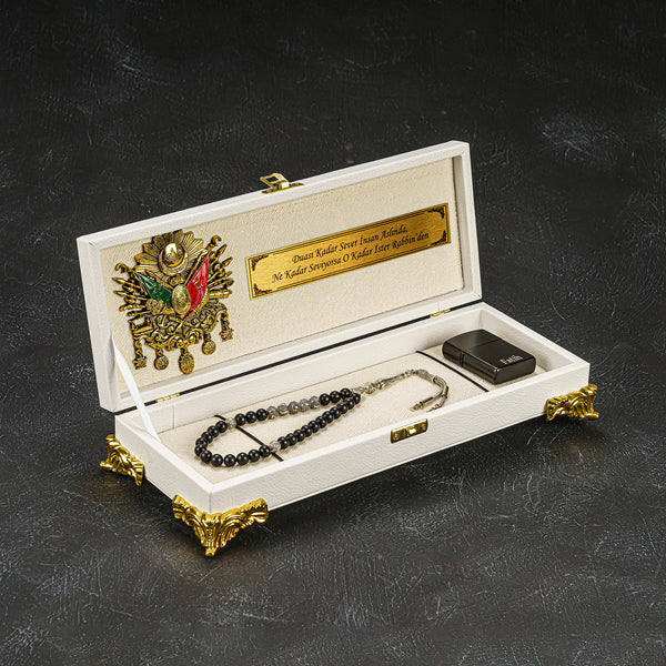 Tesbih Luxus Box Weiß / Creme Osmanli – Wunschtext und Rahmen gebetskette geschenkset allah zikir dua akik kehribar oltu tespih