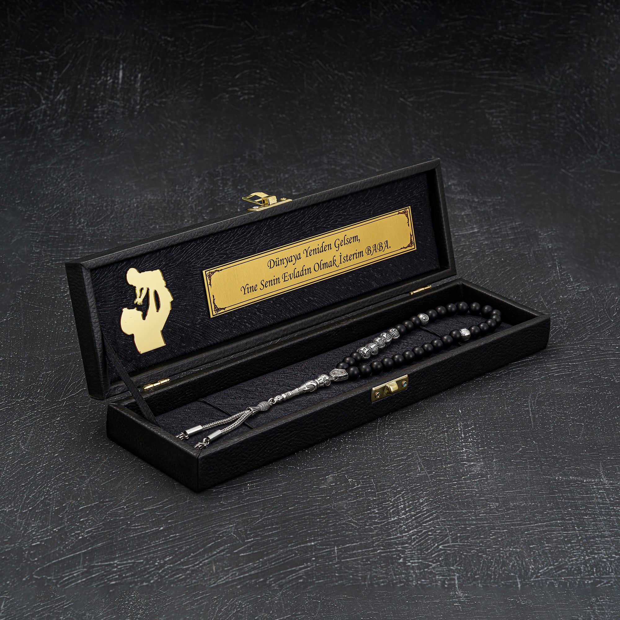 Tesbih mit Namen und Geschenkbox personalisiert mit einem Wunschtext Geschenk etui islamische geschenke perlenkette männerschmuck Kehribar tesbih Feuerzug mit Namen personalisiert Baba evlat özel hediye babalara