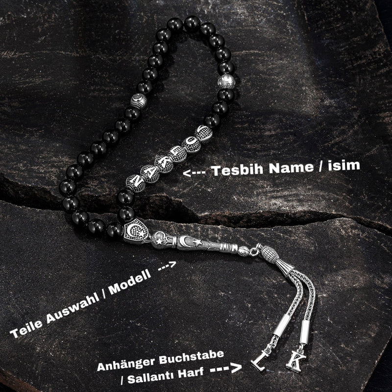 Tesbih Luxus Box Black / Creme Kunstleder Osmanli – Wunschtext und Rahmen Geschenkset