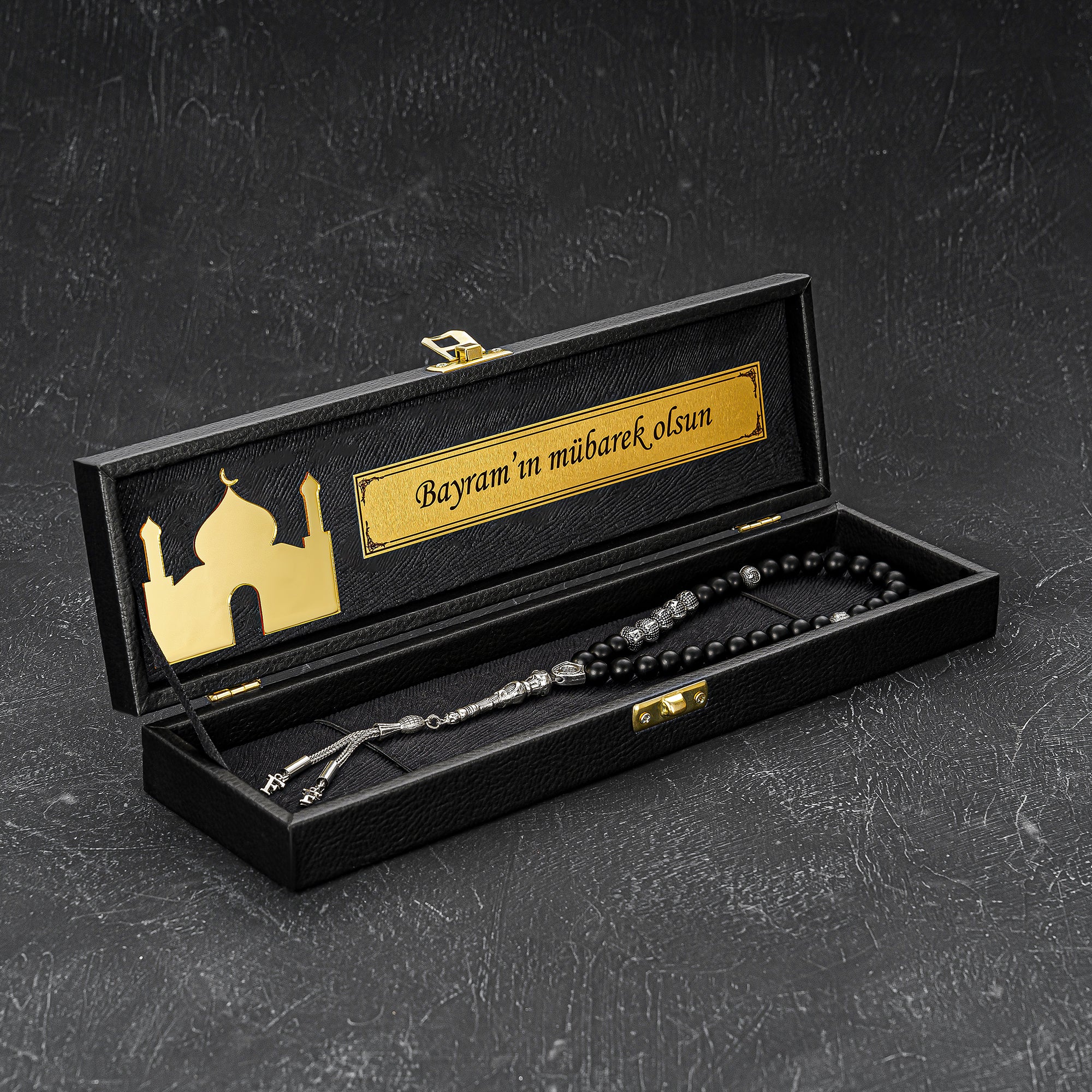 Tesbih mit Black New Box  - Camii Logo und Wunschtext  geschenkset gebetskette hediye seti Kehribar ayetil kürsi ayet