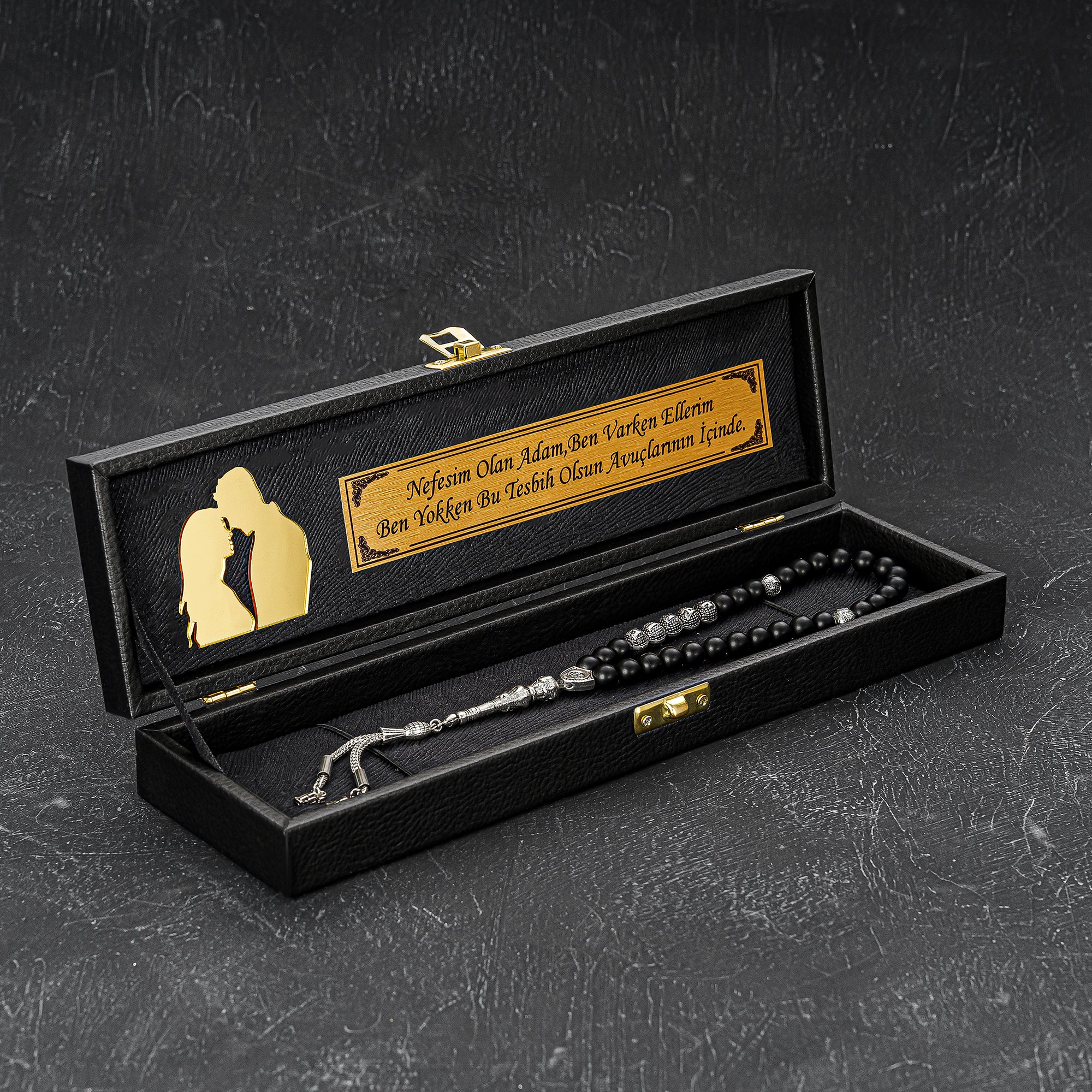Tesbih mit Black New Box  - Couples Logo und Wunschtext  geschenkset gebetskette hediye seti Kehribar ayetil kürsi ayet