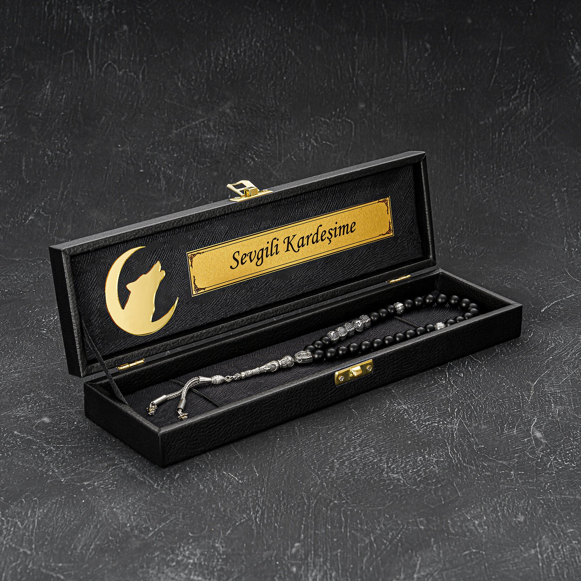 Tesbih mit namen Black New Box  - Kurt Logo und Wunschtext  geschenkset gebetskette hediye seti Kehribar ayetil kürsi ayet