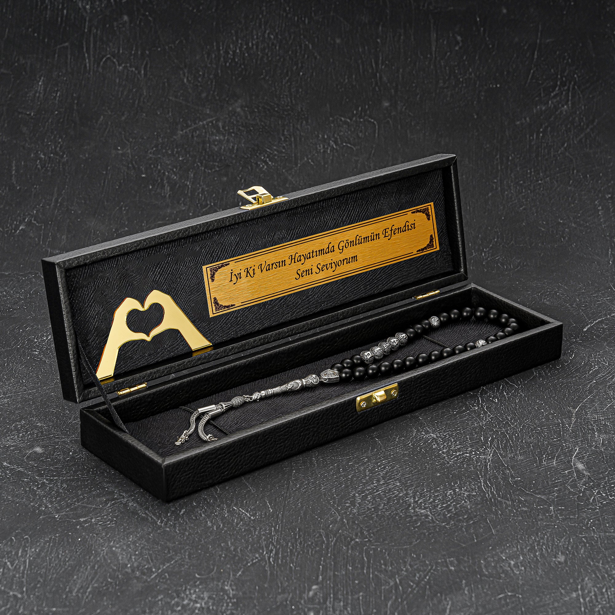Tesbih mit Black New Box  - Love Hand Logo und Wunschtext  geschenkset gebetskette hediye seti Kehribar ayetil kürsi ayet