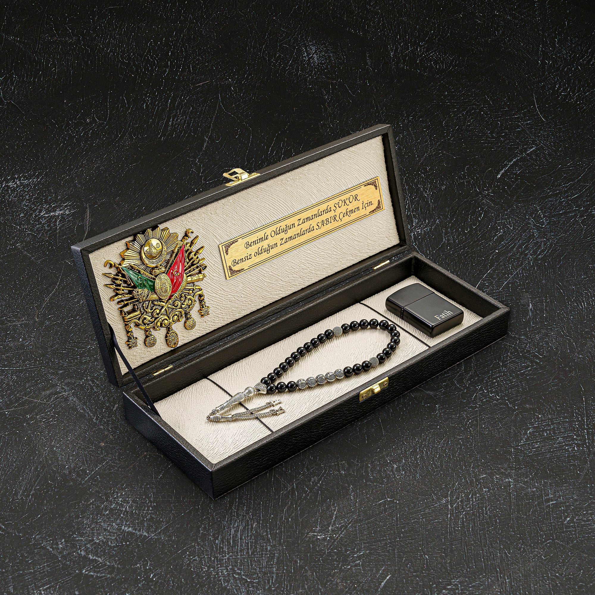 Tesbih mit innen Osmanli Logo Kunstleder box Black / Creme akik kehribar geschenkset allah dua zikir türkiye galatasaray besiktas fenerbahe 