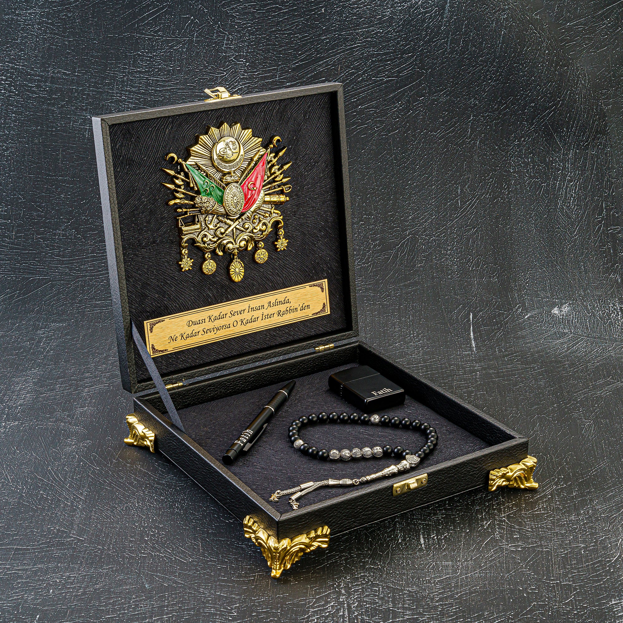 Tesbih Özel Tasarım Kutu Black Osmanli Logo Wunschtext gebetskette geschenkset