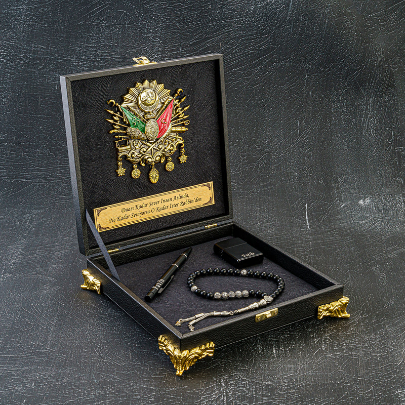 Tesbih Özel Tasarım Kutu Black Osmanli Logo Wunschtext gebetskette geschenkset