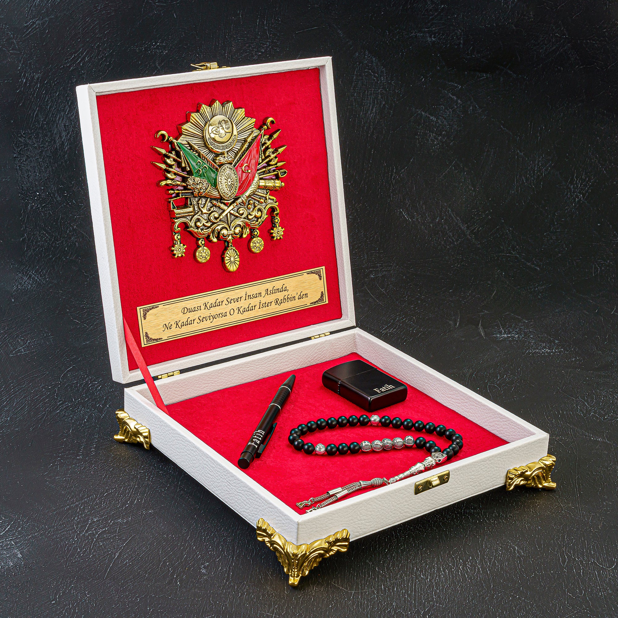 Tesbih Özel Tasarim Kutu Weiß / Rot Osmanli Logo Wunschtext gebetskette geschenkset tesbih mit namen
